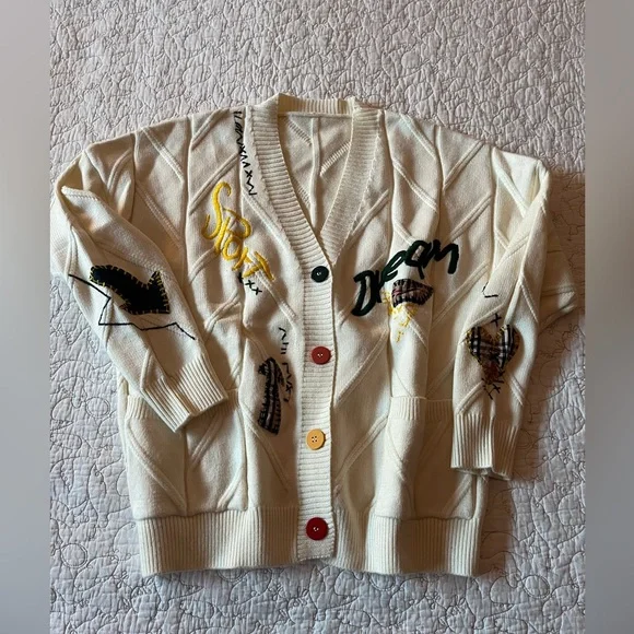 Cable Knit Cozy Embroidered Cardigan Sweater Size M - Picture 6 of 10